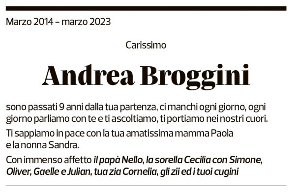 Annuncio funebre Andrea Broggini