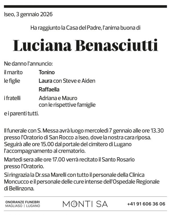 Annuncio funebre Luciana Benasciutti