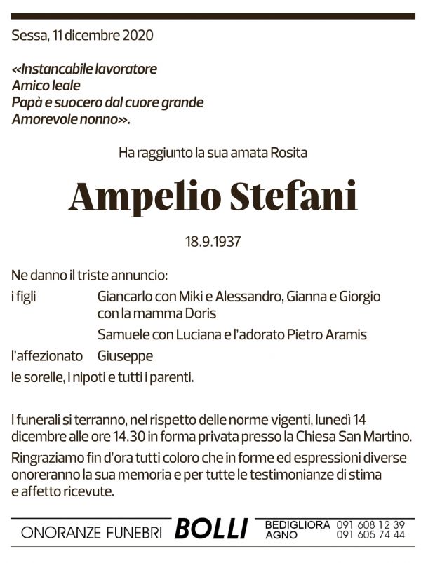 Annuncio funebre Ampelio Stefani