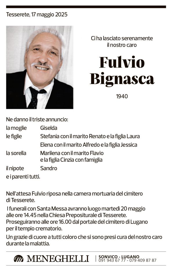 Annuncio funebre Fulvio Bignasca