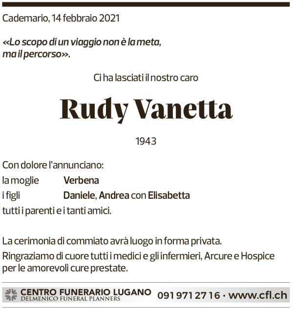 Annuncio funebre Rudy Vanetta