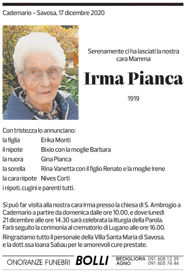 Annuncio funebre Irm Pianca