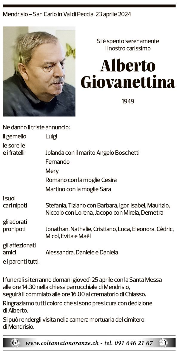 Annuncio funebre Alberto Giovanettina