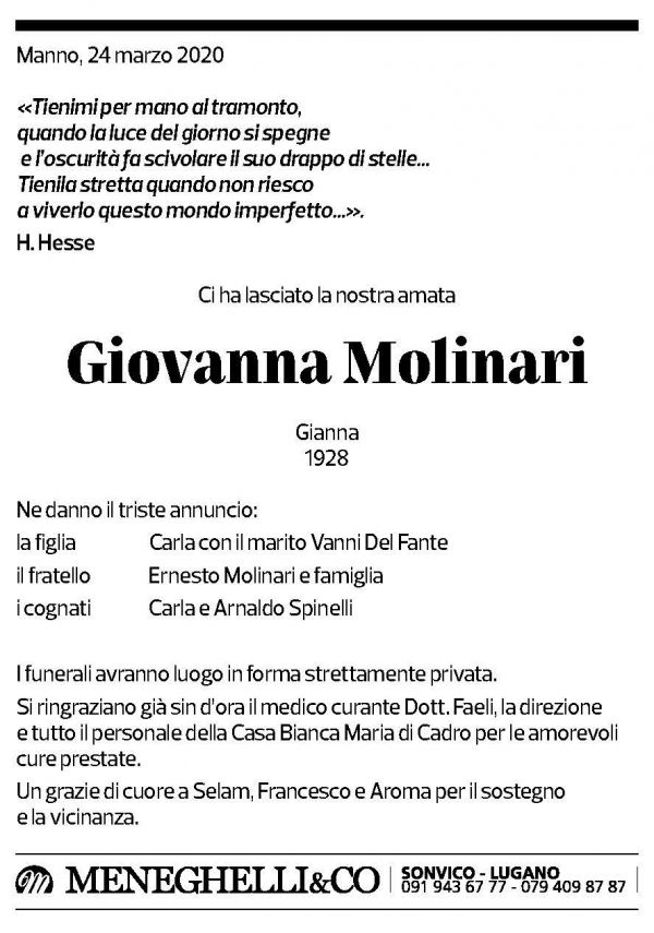 Annuncio funebre Giovanni Molinari