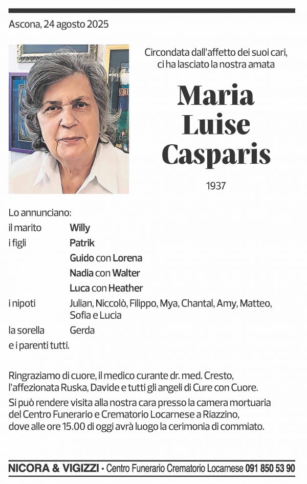 Annuncio funebre Maria Luise Casparis