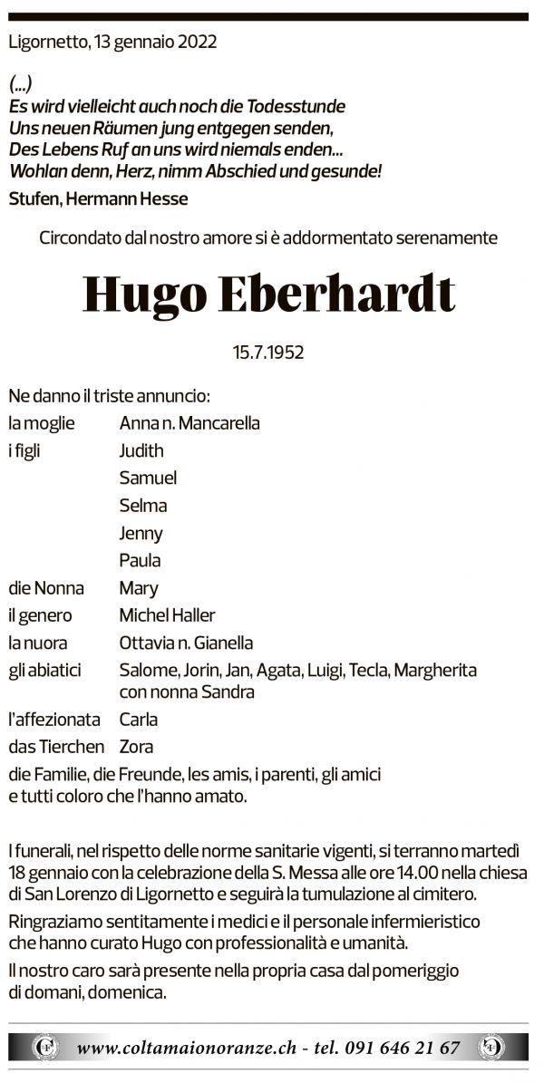 Annuncio funebre Hugo Eberhardt