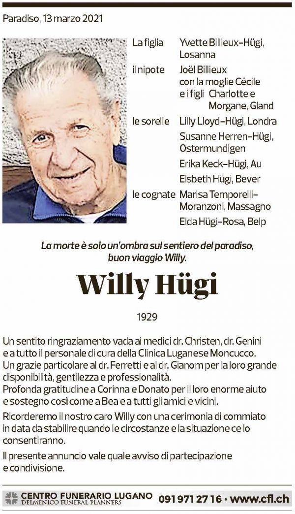 Annuncio funebre Willy Hügi