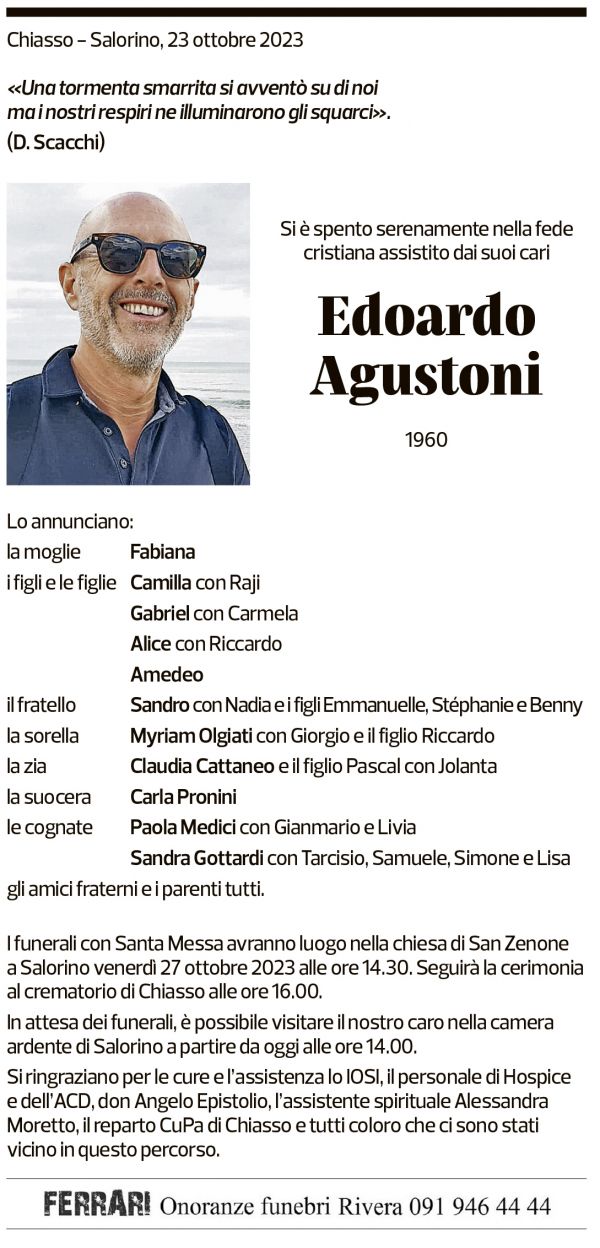 Annuncio funebre Edoardo Agustoni