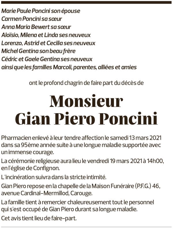 Annuncio funebre Gian Piero Poncini