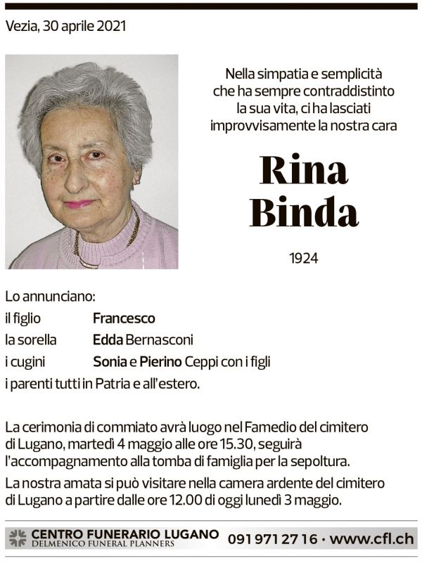 Annuncio funebre Rina Binda