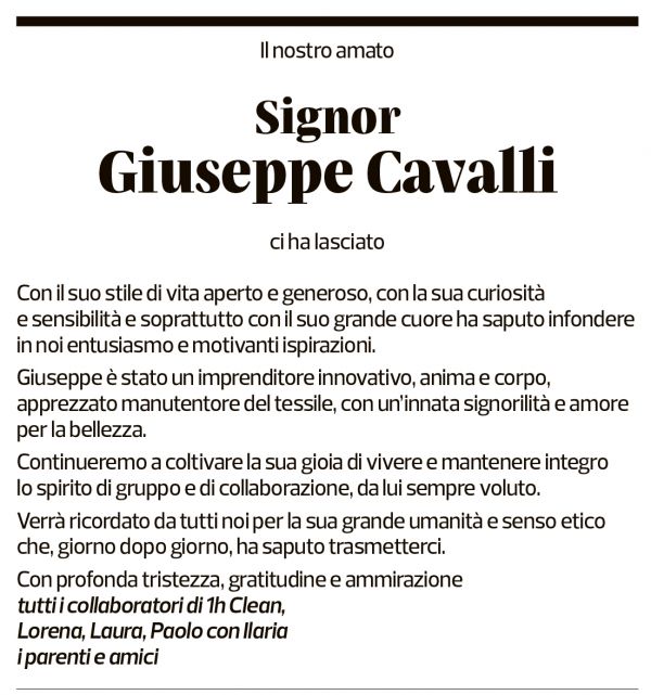 Annuncio funebre Giuseppe Cavalli