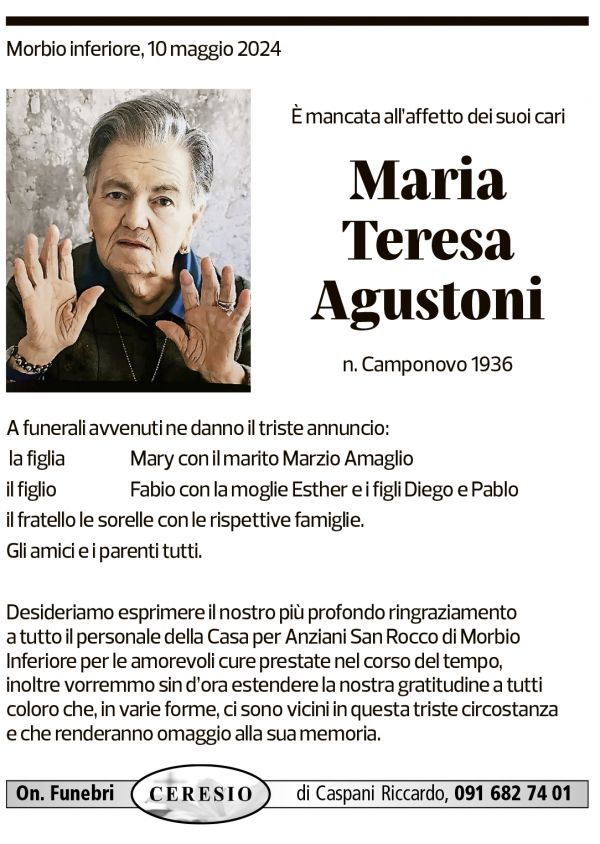 Annuncio funebre Maria Teresa Agustoni