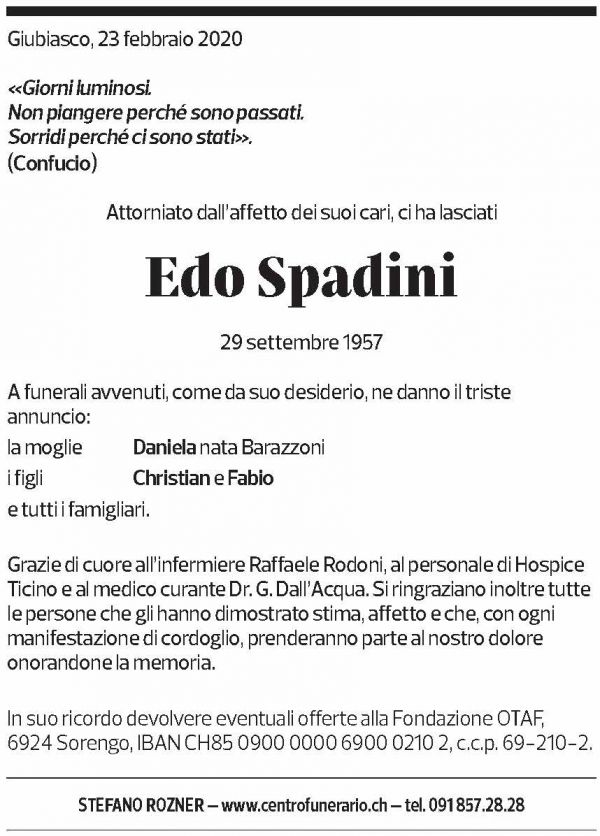Annuncio funebre Edo Spadini