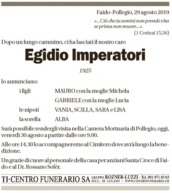 Annuncio funebre Egidio Imperatori