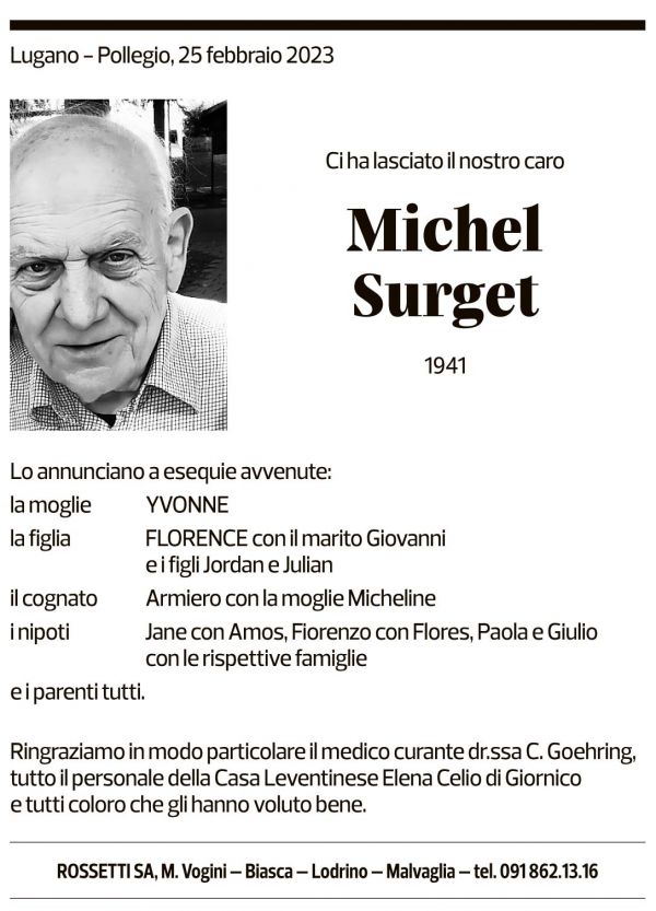 Annuncio funebre Michel Surget