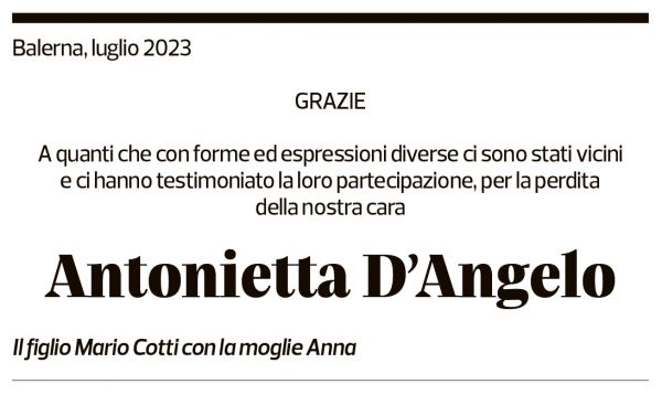 Annuncio funebre Antonietta D'angelo