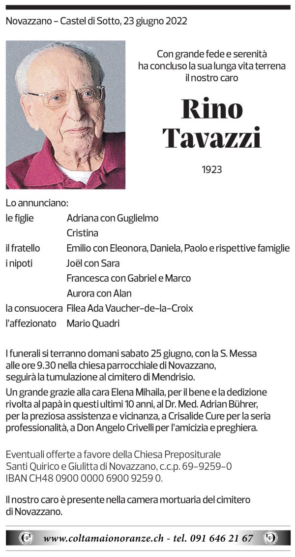 Annuncio funebre Rino Tavazzi