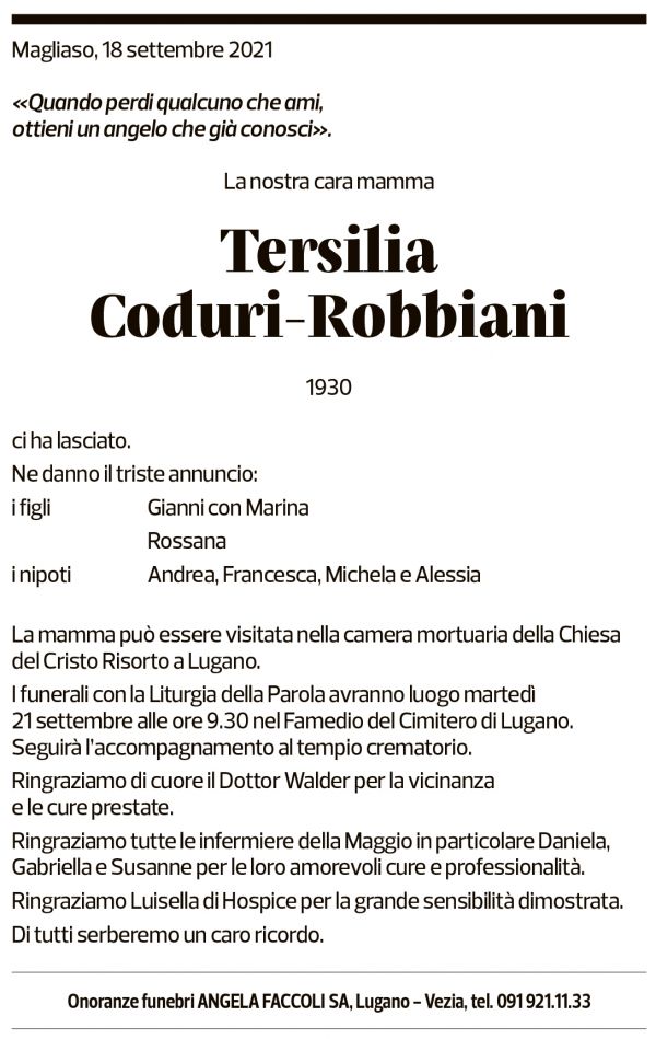 Annuncio funebre Tersilia Coduri-robbiani