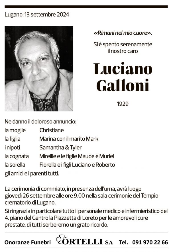 Annuncio funebre Luciano Galloni