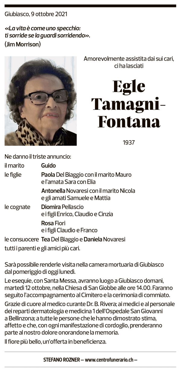 Annuncio funebre Egle Tamagni-fontana