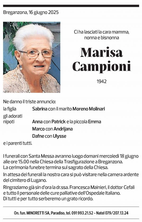 Annuncio funebre Marisa Campioni