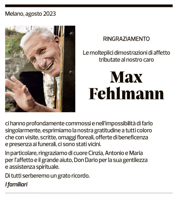 Annuncio funebre Max Fehlmann