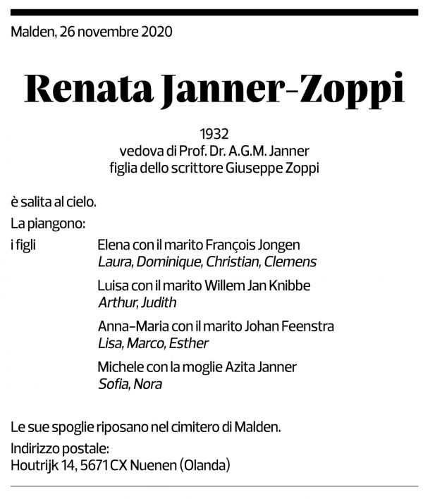 Annuncio funebre Renata Janner-zoppi