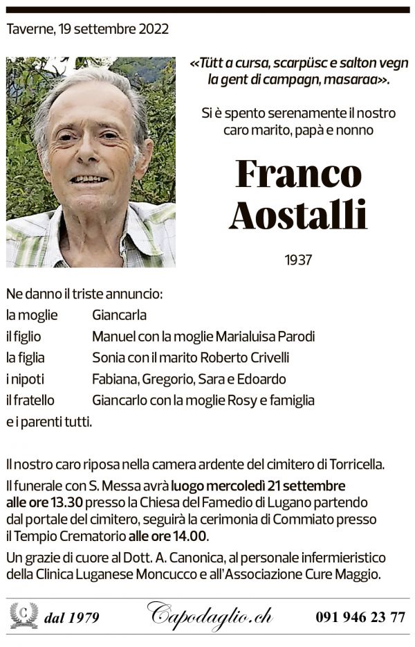 Annuncio funebre Franco Aostalli