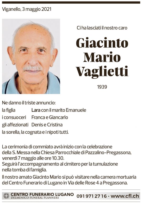 Annuncio funebre Giacinto Mario Vaglietti