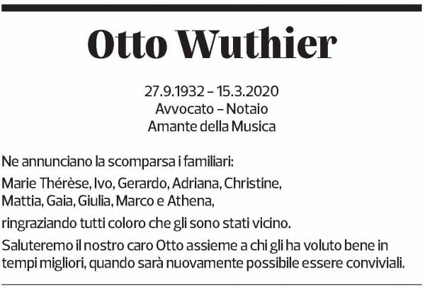 Annuncio funebre Otto Wuthier
