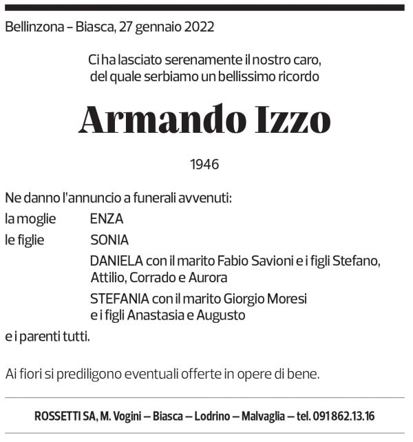 Annuncio funebre Armando Izzo