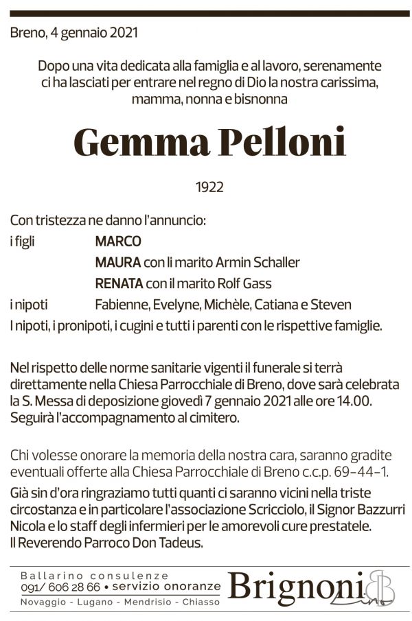 Annuncio funebre Gemma Pelloni