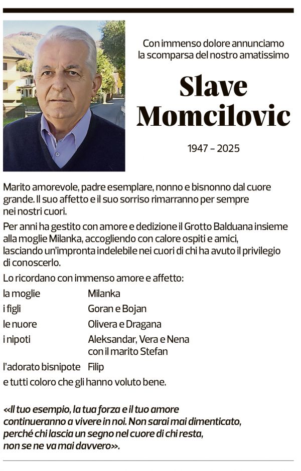 Annuncio funebre Slave Momcilovic