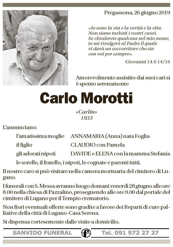 Annuncio funebre Carlo Morotti