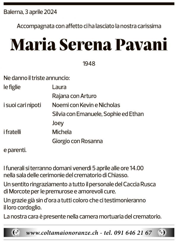 Annuncio funebre Maria Serena Pavani