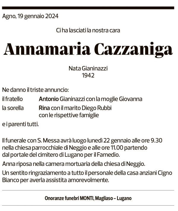 Annuncio funebre Annamaria Cazzaniga