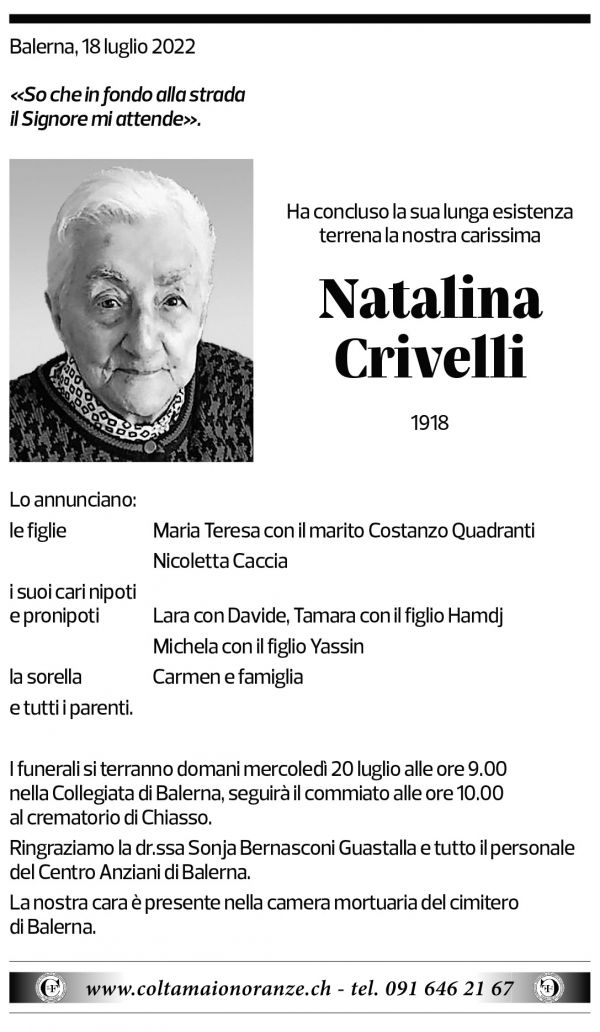 Annuncio funebre Natalina Crivelli