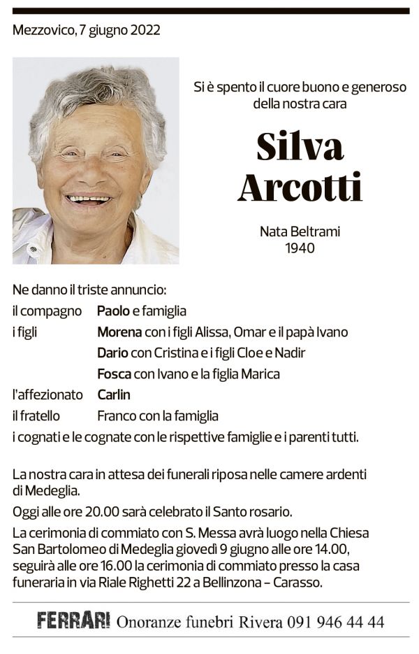 Annuncio funebre Silva Arcotti