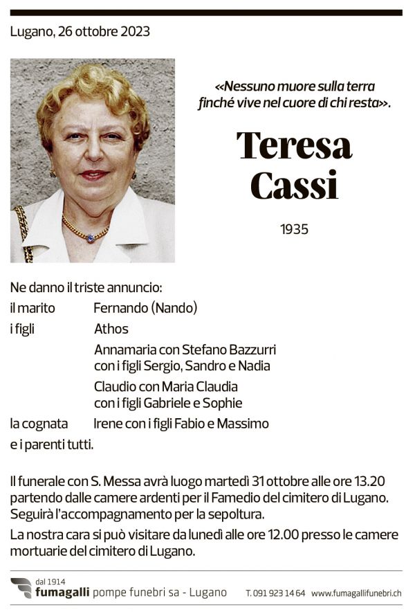 Annuncio funebre Teresa Cassi