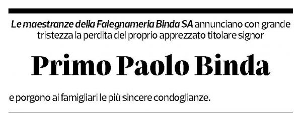 Annuncio funebre Primo Paolo Binda