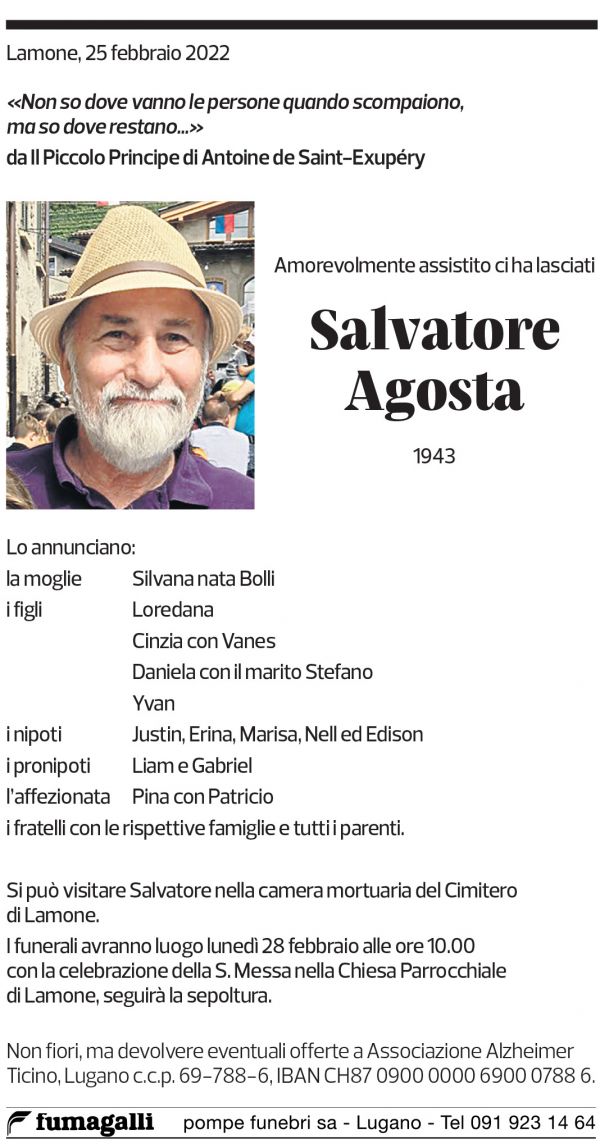 Annuncio funebre Salvatore Agosta