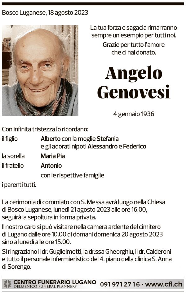 Annuncio funebre Angelo Genovesi