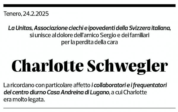 Annuncio funebre Charlotte Schwegler
