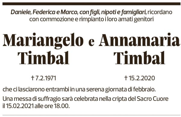 Annuncio funebre Mariangelo E Annamaria Timbal