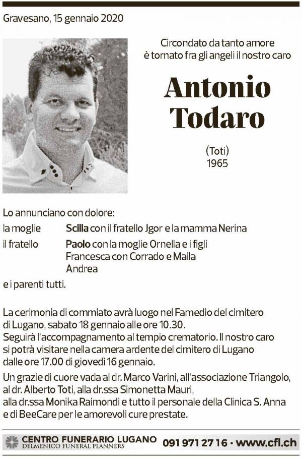 Annuncio funebre Antonio Todaro