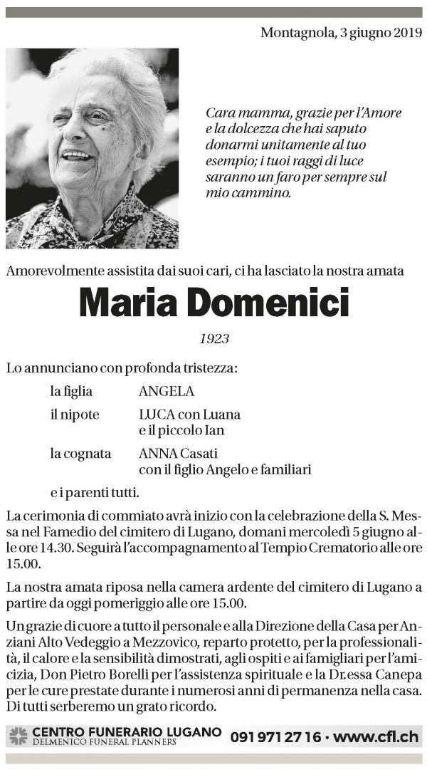 Annuncio funebre Maria Domenici