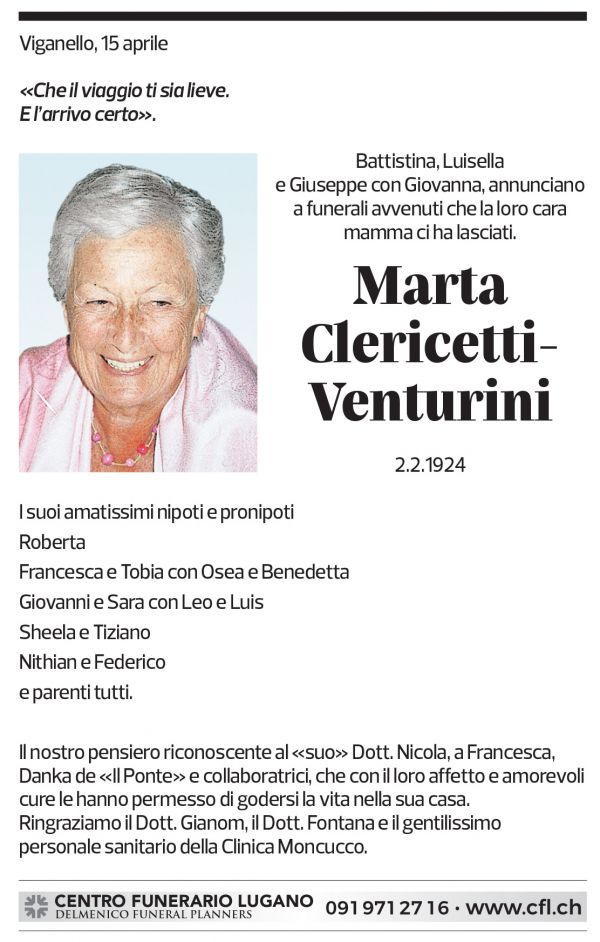 Annuncio funebre Marta Clericetti-venturini