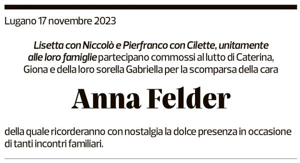 Annuncio funebre Anna Felder