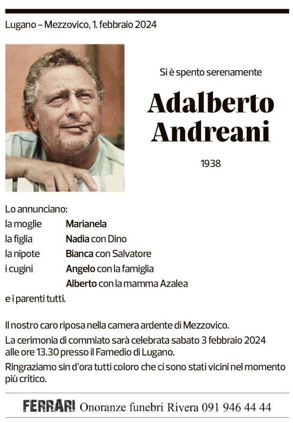 Annuncio funebre Adalberto Andreani