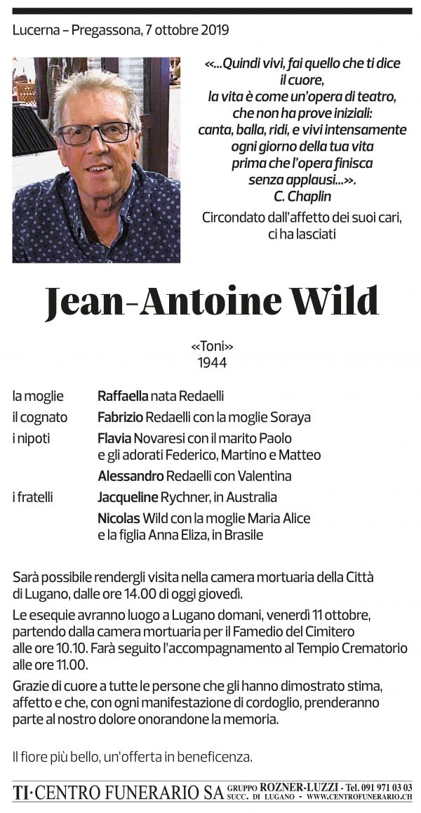 Annuncio funebre Jean-antoine Wild